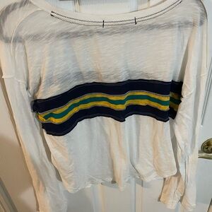Free People Cream Long Sleeve Top with Navy and Yellow Stripes